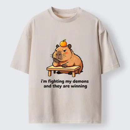 Tokyo‑Tiger Funny Orange Capybara Meme Washed T‑Shirt