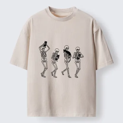 Tokyo‑Tiger Funny Skeleton Cat Meme Washed T‑Shirt