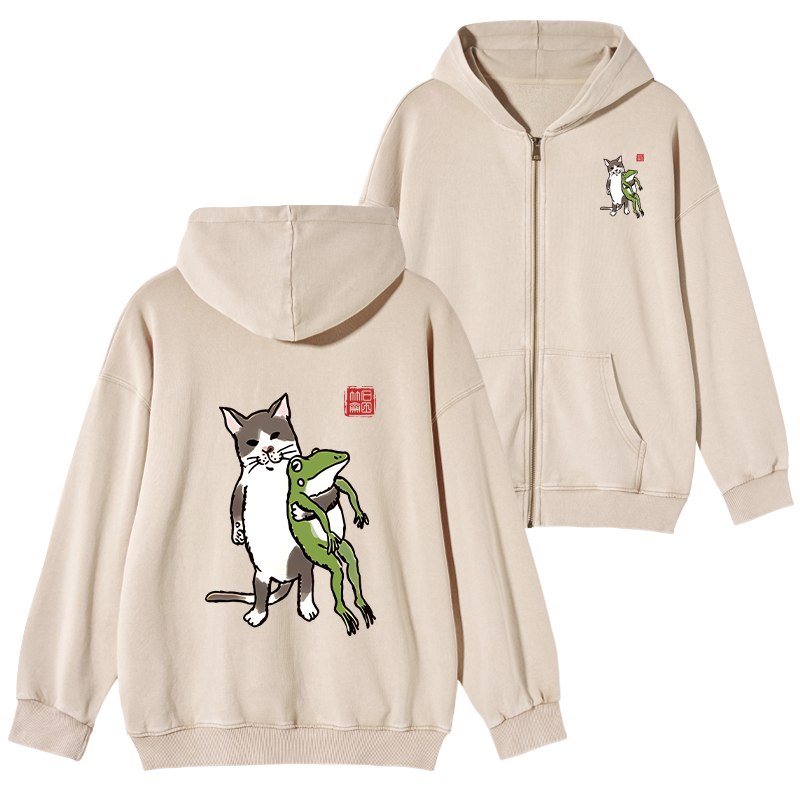 Tokyo-Tiger Cat Holding A Frog Washed Zip Hoodie