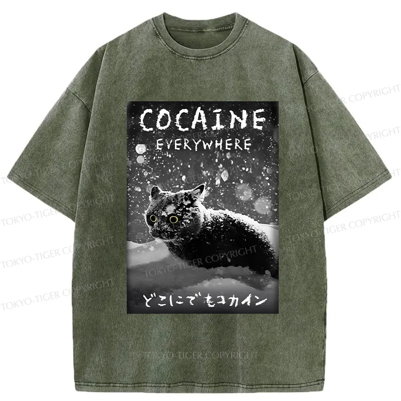 Tokyo-Tiger Funny Coaine Everywhere Washed T-Shirt