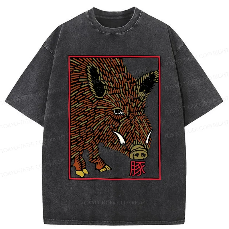 Tokyo-Tiger Woodcut Pig Washed T-Shirt