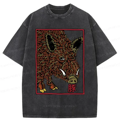 Tokyo-Tiger Woodcut Pig Washed T-Shirt