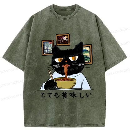 Tokyo-Tiger Cat Eating Delicious Ramen Washed T-Shirt