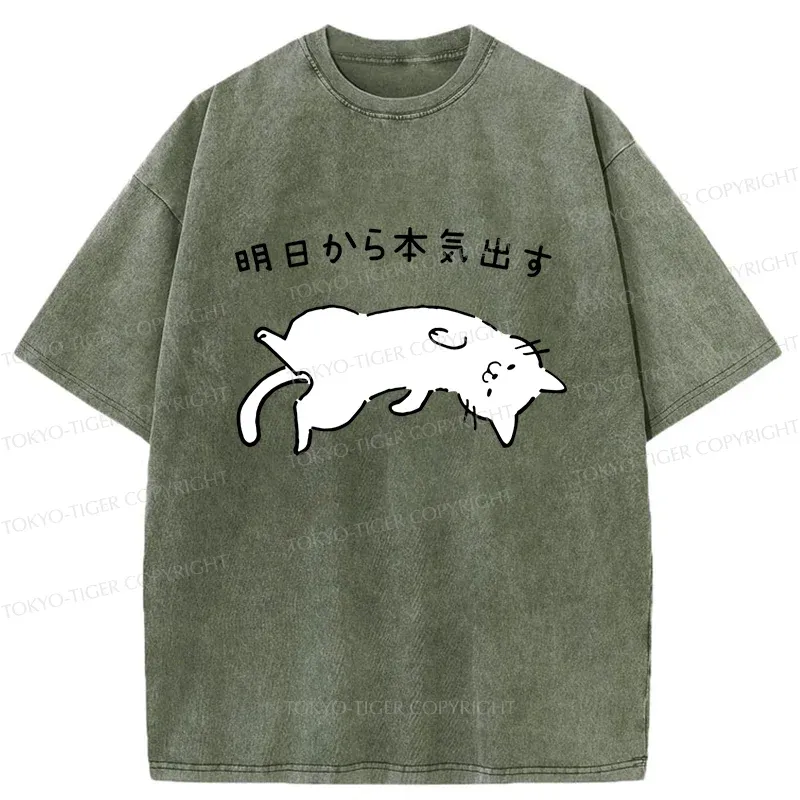Tokyo-Tiger Lazy Cat Funny Washed T-Shirt