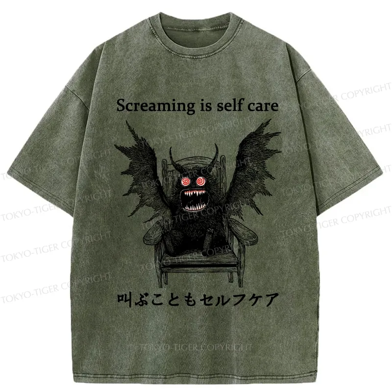 Tokyo-Tiger Screaming Is Self Care Washed T-Shirt