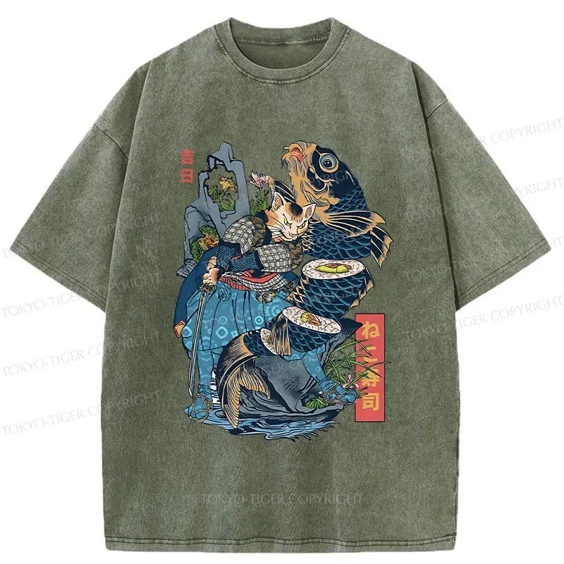Tokyo-Tiger Funny Cat Kills Fish Washed T-Shirt