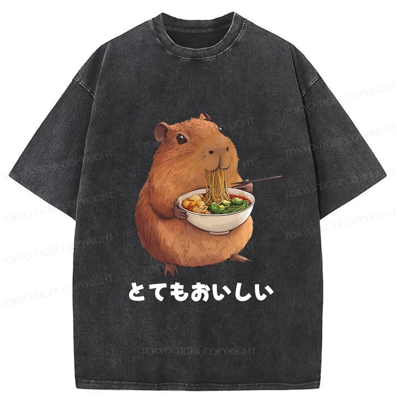 Tokyo-Tiger Capybara Eating Japanese Ramen Washed T-Shirt