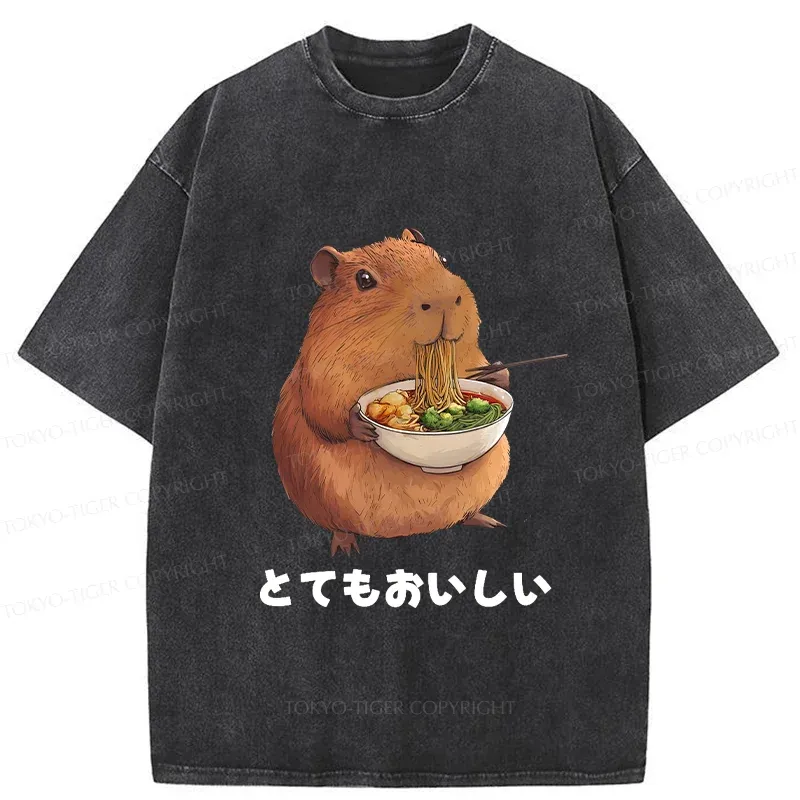 Tokyo-Tiger Capybara Eating Japanese Ramen Washed T-Shirt