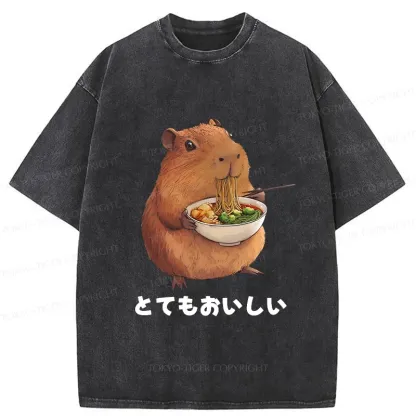 Tokyo-Tiger Capybara Eating Japanese Ramen Washed T-Shirt