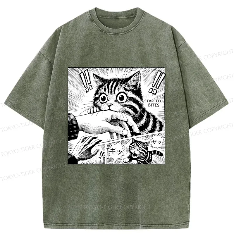 Tokyo-Tiger Cat Biting Funny Washed T-Shirt