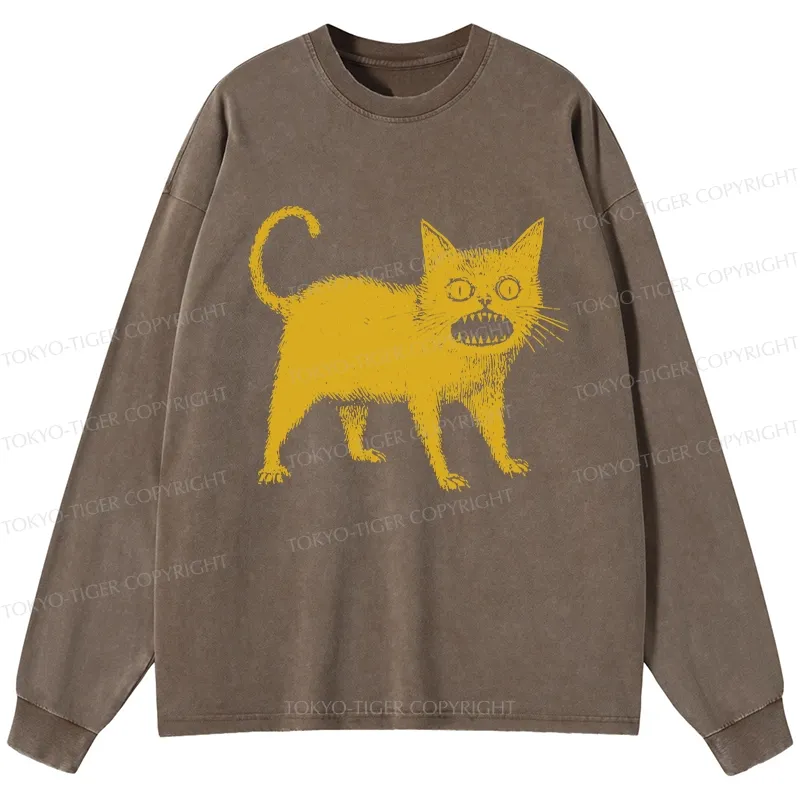 Tokyo-Tiger Horrible Japanese Cat Washed Long Sleeve T-Shirt