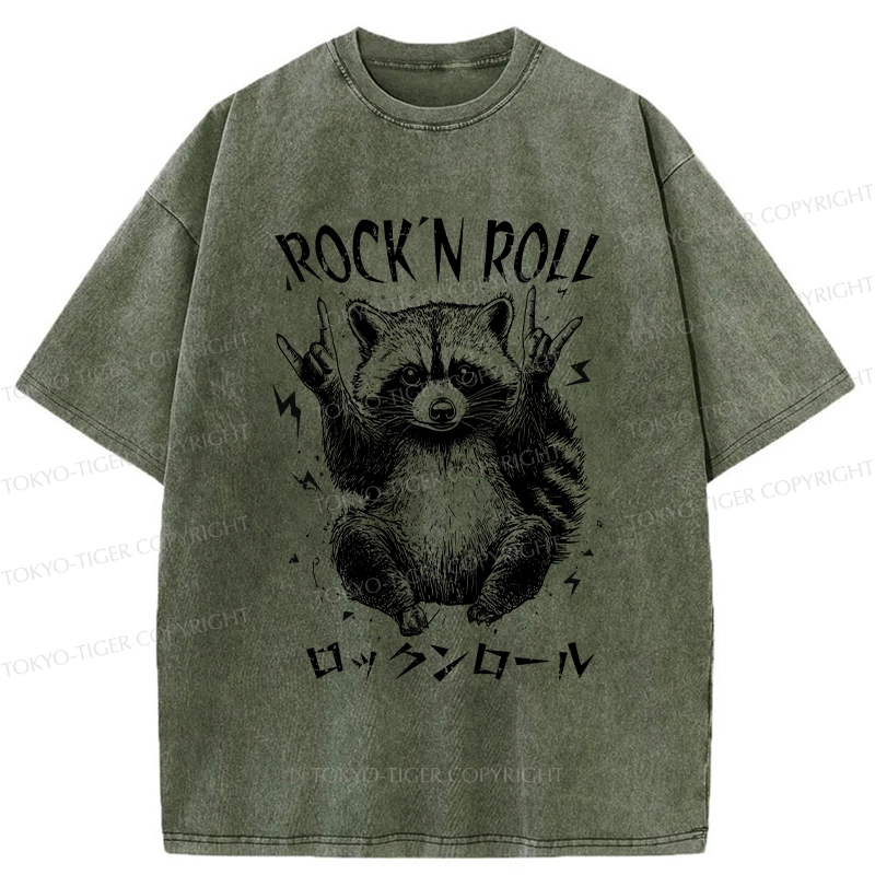 Tokyo-Tiger Funny Raccoon Rock And Roll Washed T-Shirt