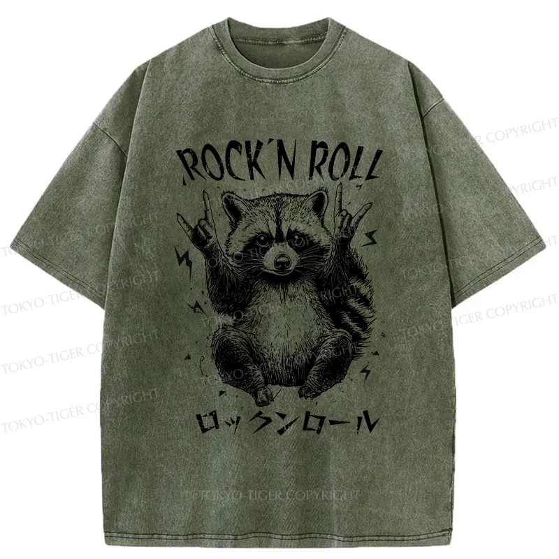 Tokyo-Tiger Funny Raccoon Rock And Roll Washed T-Shirt