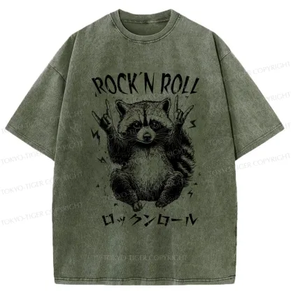 Tokyo-Tiger Funny Raccoon Rock And Roll Washed T-Shirt