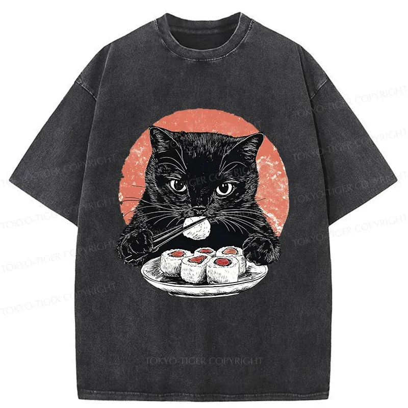 Tokyo-Tiger Cat Eating Delicious Sushi Washed T-Shirt