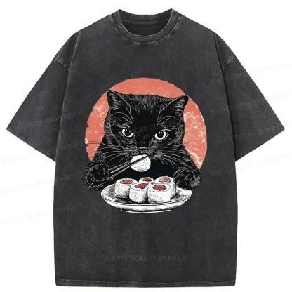 Tokyo-Tiger Cat Eating Delicious Sushi Washed T-Shirt