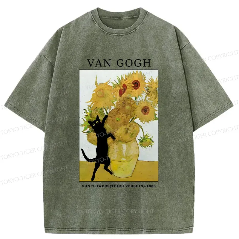 Tokyo-Tiger Cat Plays With Sunflowers Washed T-Shirt