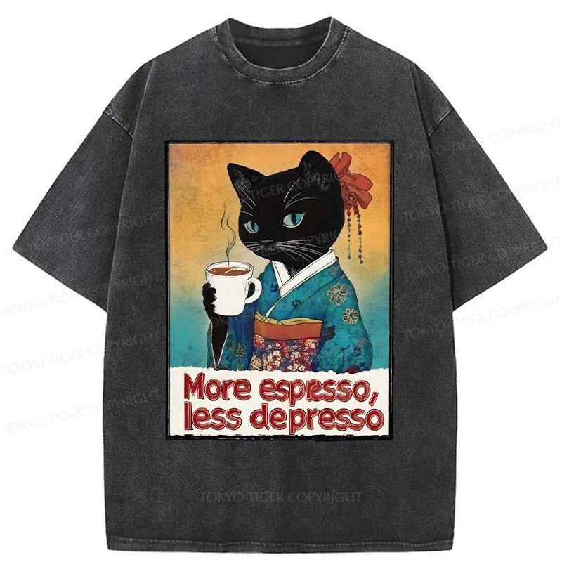 Tokyo-Tiger Japanese Cat Drinking Espresso Washed T-Shirt