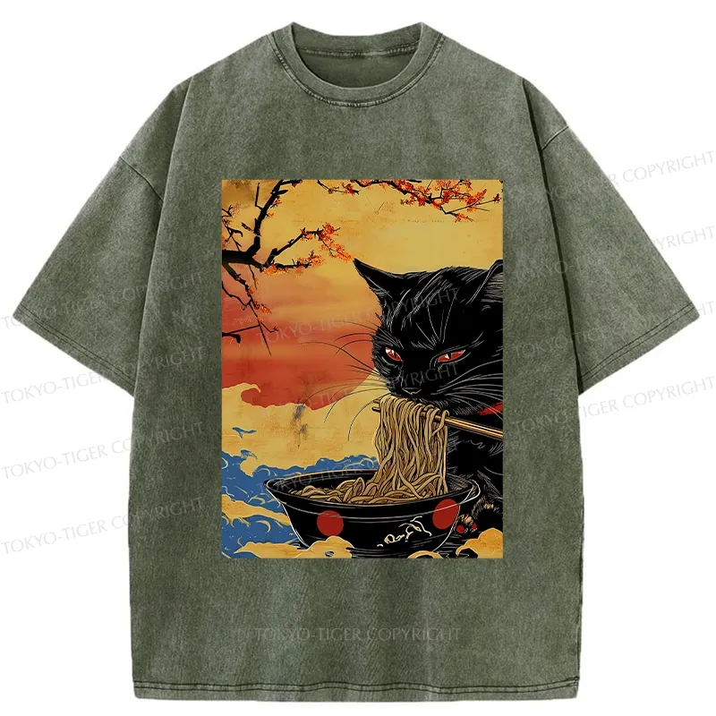 Tokyo-Tiger Cat Eating Ramen In The Sunset Washed T-Shirt