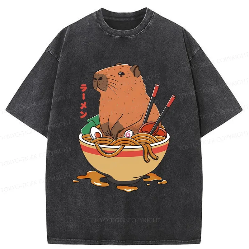 Tokyo-Tiger Capybara Ramen Funny Washed T-Shirt