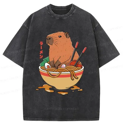 Tokyo-Tiger Capybara Ramen Funny Washed T-Shirt