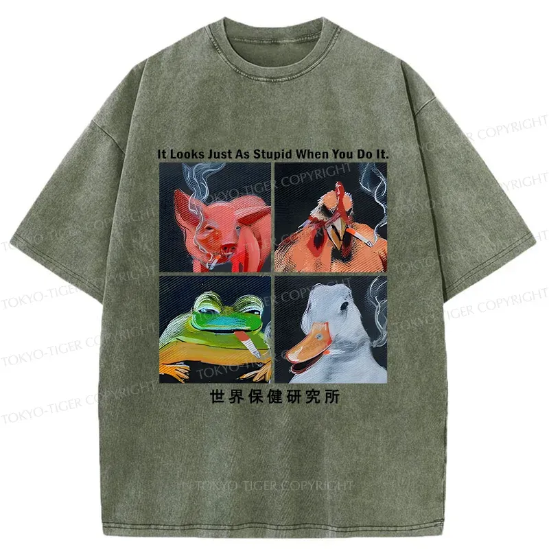 Tokyo-Tiger Smoking Animals Funny Washed T-Shirt