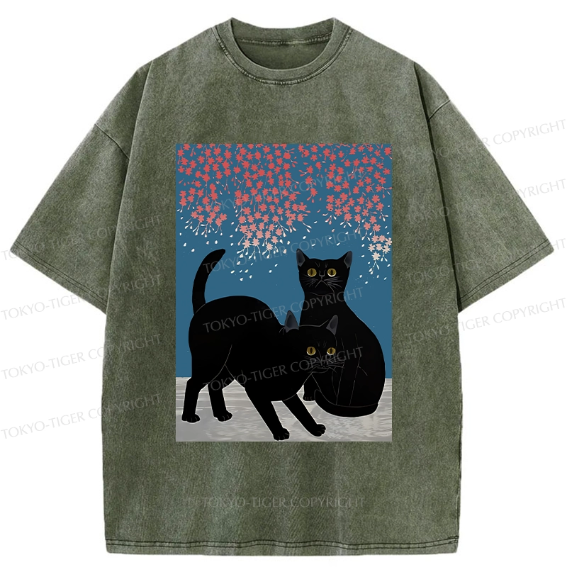 Tokyo-Tiger Black Cat Under The Sakura Washed T-Shirt