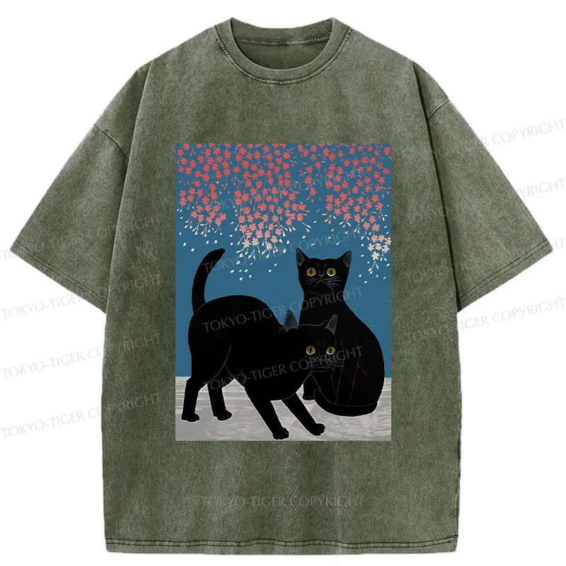 Tokyo-Tiger Black Cat Under The Sakura Washed T-Shirt