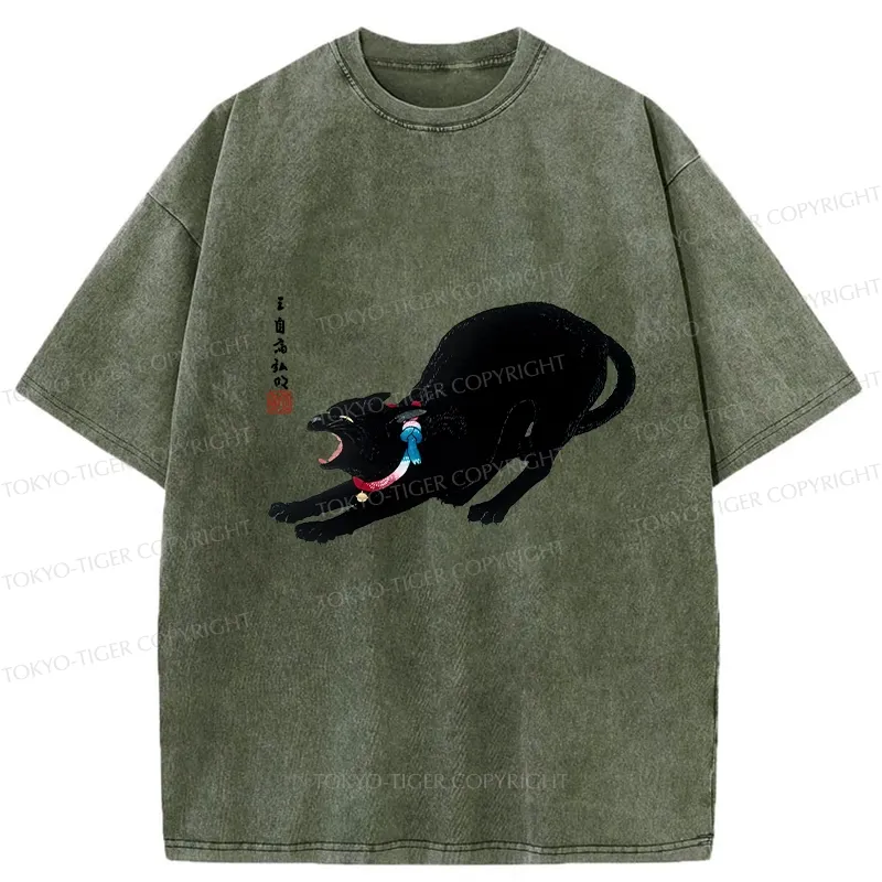 Tokyo-Tiger Cat Stretching Washed T-Shirt
