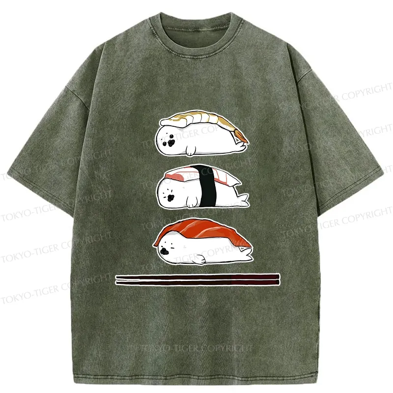 Tokyo-Tiger Cute Seal Sushi Washed T-Shirt Sale