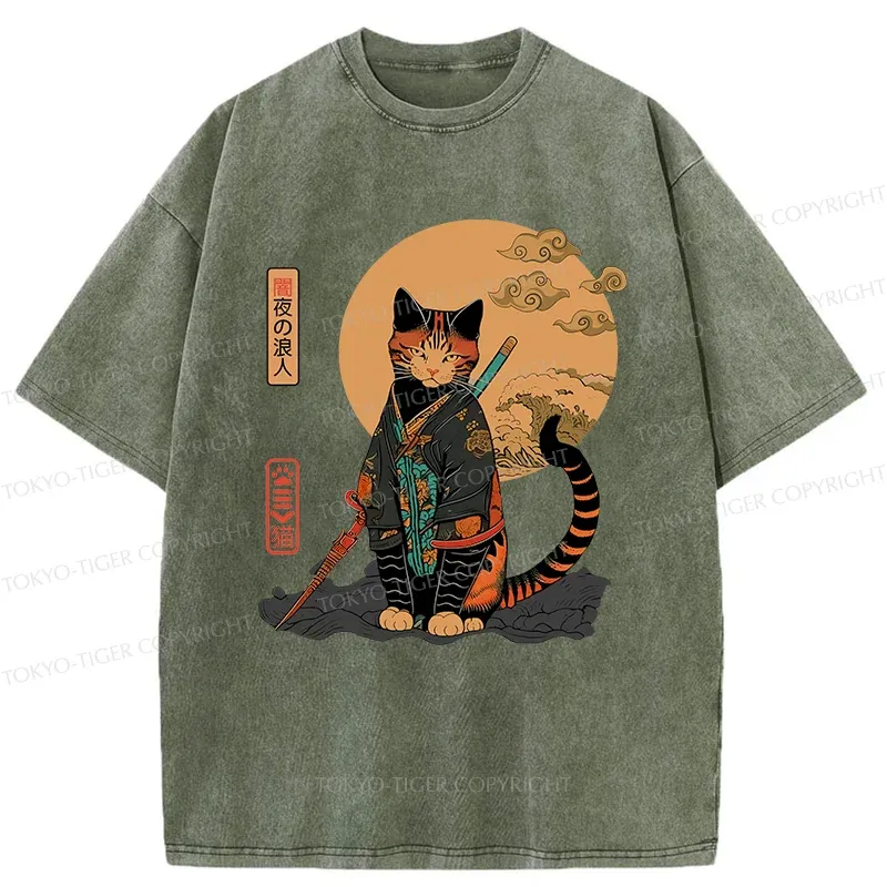 Tokyo-Tiger Retro Cat Samurai Washed T-Shirt