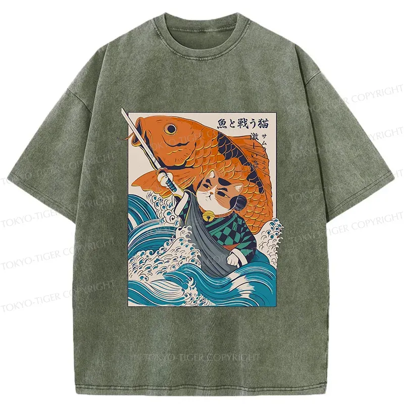 Tokyo-Tiger Samurai Cat And Goldfish Washed T-Shirt