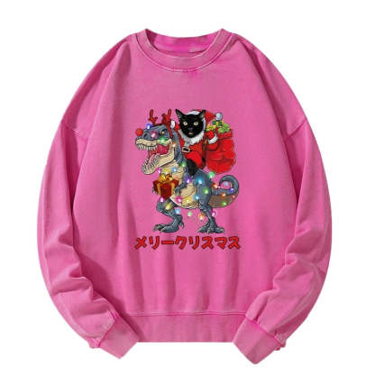 Tokyo-Tiger Cat Riding Dinosaur Christmas Washed Sweatshirt