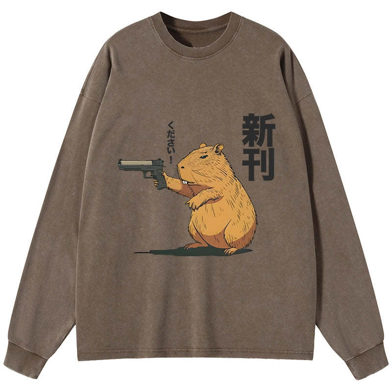 Tokyo-Tiger Capybara Holding A Gun Washed Long Sleeve T-Shirt Sale