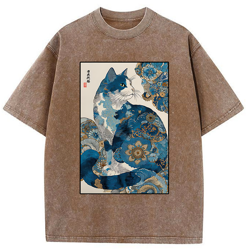 Tokyo-Tiger Japanese Ukiyo-e Flowers Cat Washed T-Shirt