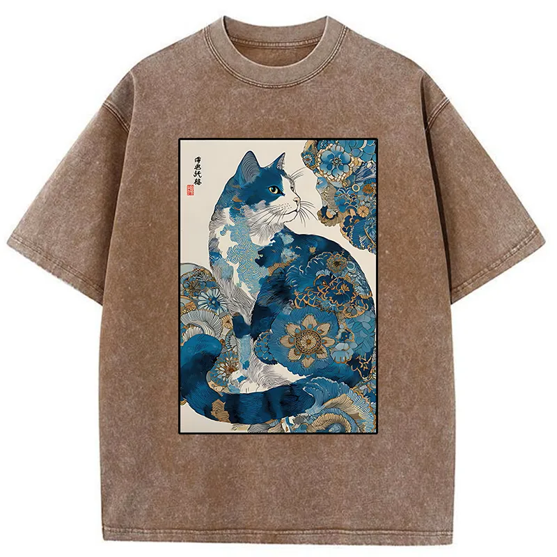 Tokyo-Tiger Japanese Ukiyo-e Flowers Cat Washed T-Shirt