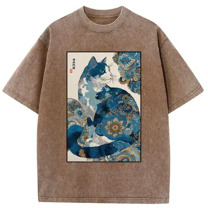 Tokyo-Tiger Japanese Ukiyo-e Flowers Cat Washed T-Shirt