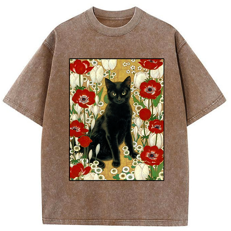 Tokyo-Tiger Black Cat In The Garden Washed T-Shirt