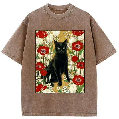 Tokyo-Tiger Black Cat In The Garden Washed T-Shirt