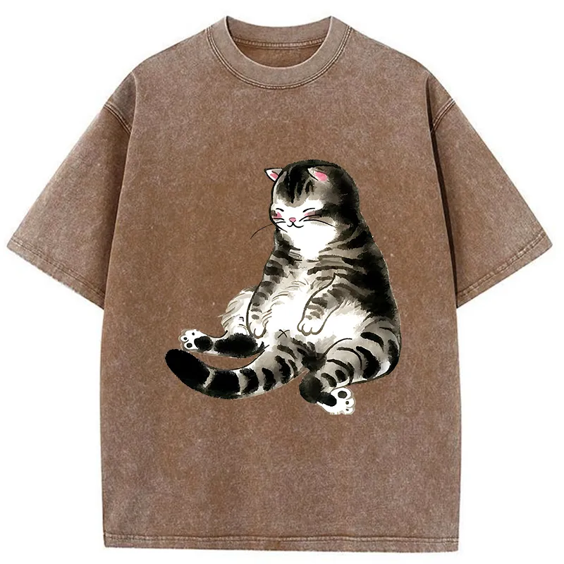 Tokyo-Tiger Ink Painting Cute Cat Washed T-Shirt