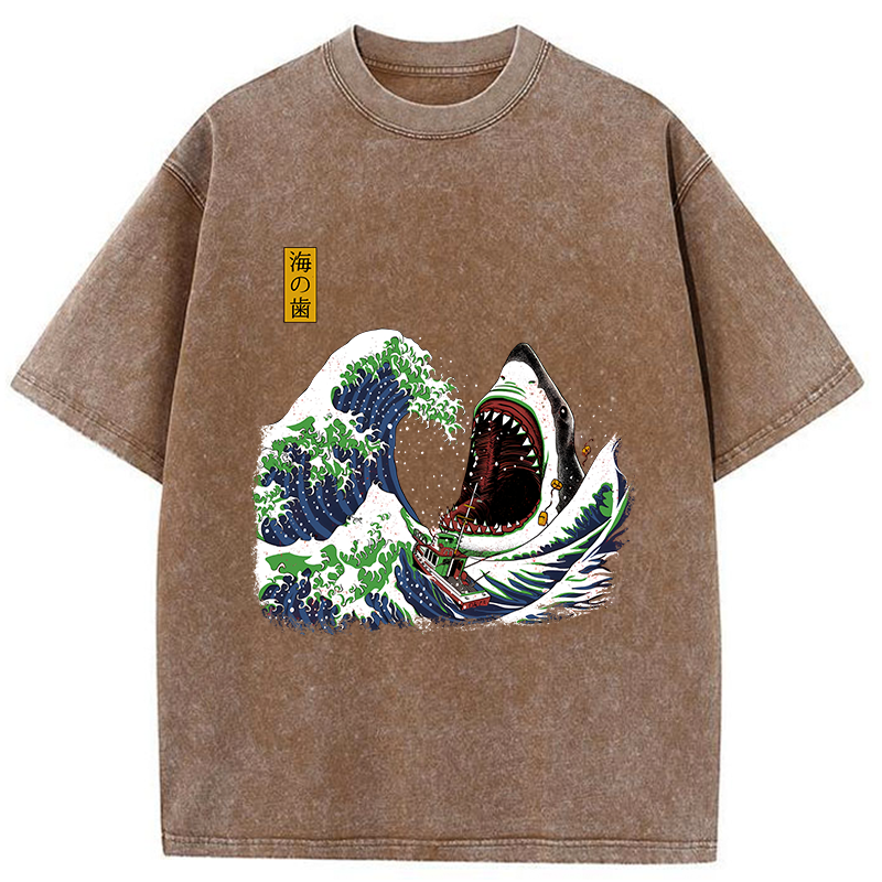 Tokyo-Tiger The Great Wave Ukiyoe Shark Washed T-Shirt