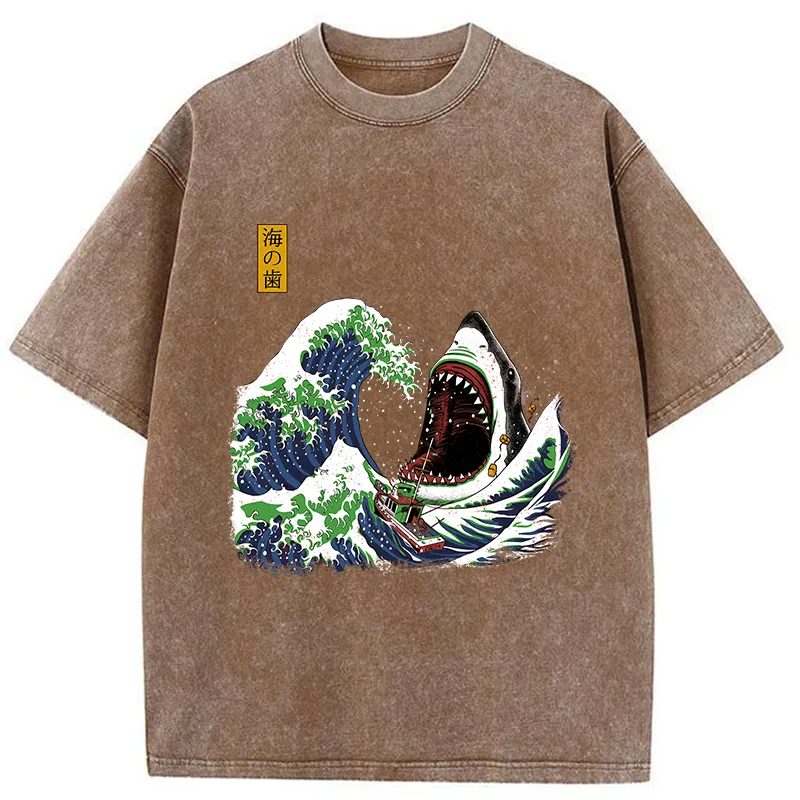 Tokyo-Tiger The Great Wave Ukiyoe Shark Washed T-Shirt