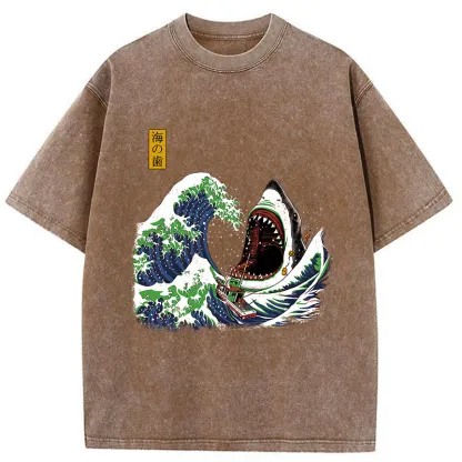 Tokyo-Tiger The Great Wave Ukiyoe Shark Washed T-Shirt