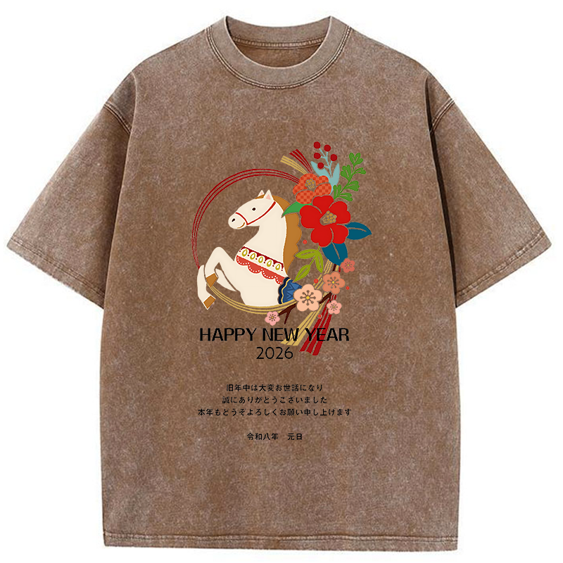 Tokyo-Tiger Happy New Year Fire Horse Washed T-Shirt