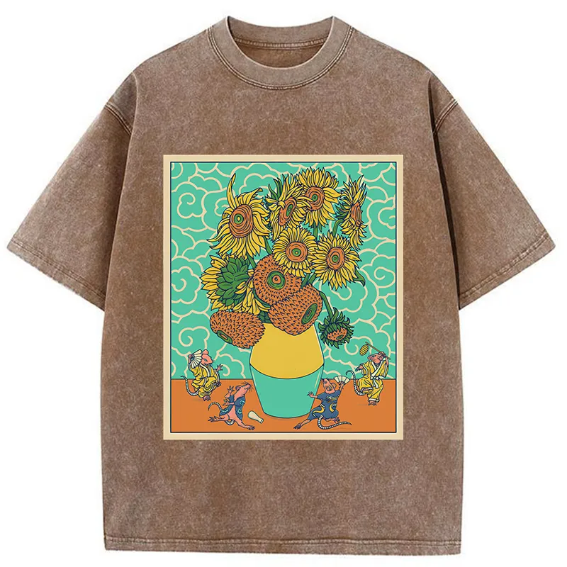 Tokyo-Tiger Japanese Mouse Dancing Sunflower Washed T-Shirt