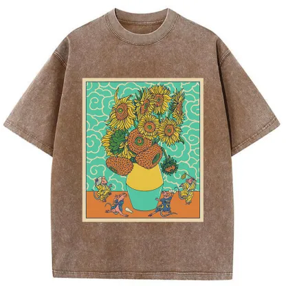 Tokyo-Tiger Japanese Mouse Dancing Sunflower Washed T-Shirt
