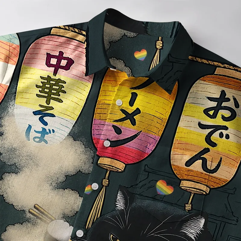 Tokyo-Tiger Pride Fat Cat Eating Ramen Button-up Shirt