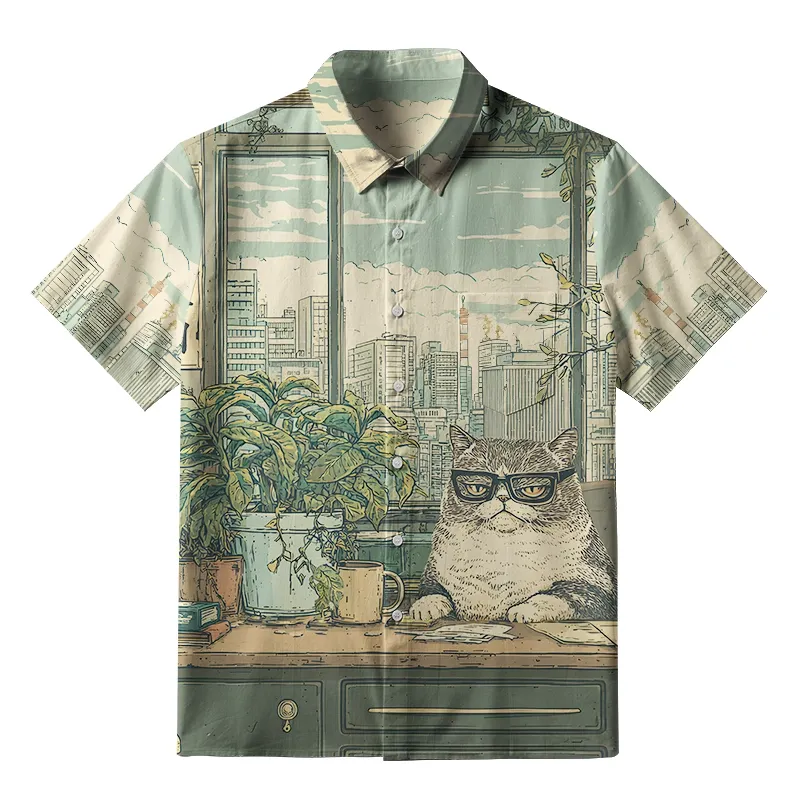 Tokyo-Tiger Funny Cat Meditating Button-up Shirt