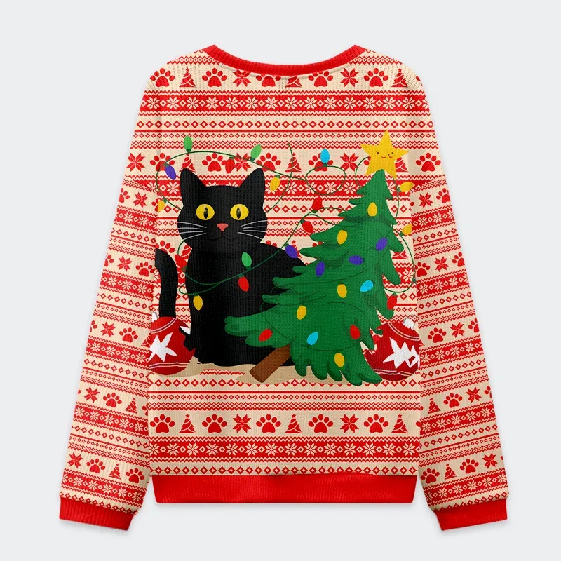 Tokyo-Tiger Black Cat Destroys Christmas Tree Christmas Ugly Sweatshirt