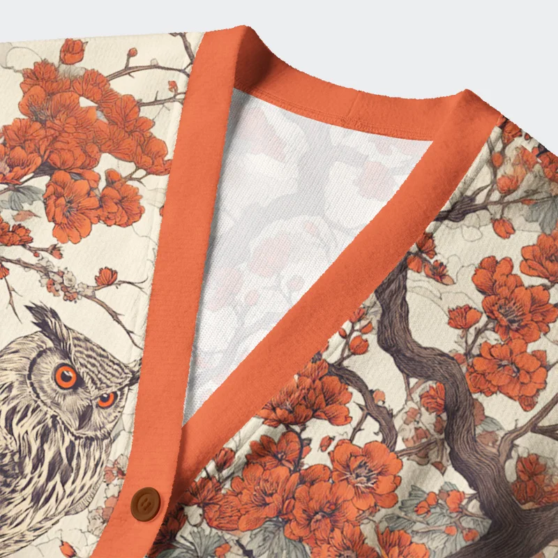 Tokyo-Tiger Owl And Plum Blossom Ugly Cardigan Sweater